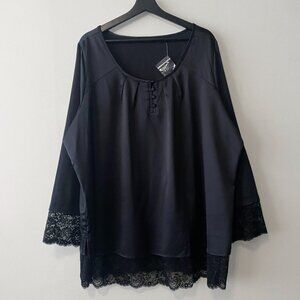 NWT Isaac Mizrah Live! Black Satin Lace Cuffs/Hem Blouse